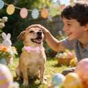 Easter Day Dog Collar with Bow, UP URARA PUP Easter Eggs Adjustable Pet Collar Bowtie with Metal Buckle, Colorful Eggs Cotton Dog Collars for Small Medium Large Dogs, M