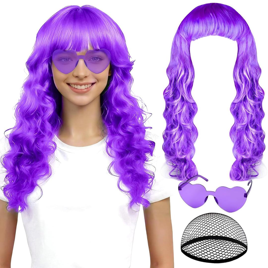 PLULON Light Purple Neon Wave Wig with Heart Sunglasses for Women, Colorful Funny Long Wavy Wigs with Bangs Synthetic Curly Hair for Birthday Music Festival Drag Queen Bachelorette Party Supplies