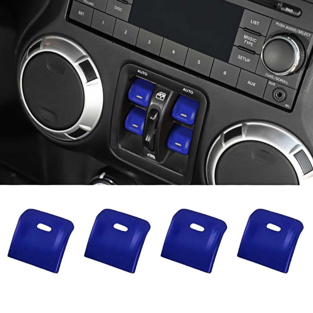 4PCS Upgraded Window Switch Button Cover Compatible with 2012-2017 Jeep Wrangler JK JKU (Blue)