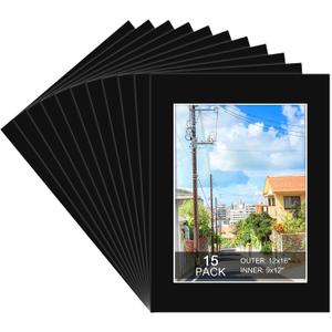 15 Pack 12x16 Black Picture Mats, Frame Mattes for 9x12 Pictures Display Photo Frame Mat Core Bevel Cut Mat Board Show Kit for Photos, Prints, Artworks