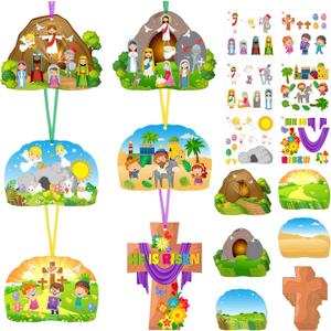 Funrous 48 Pack Easter Religious Craft Kits Easter Sticker Scene Craft Christian Cardboard He Lives DIY Ornaments for Kids for Jesus Christian Religious Sunday School Supplies 6 Styles