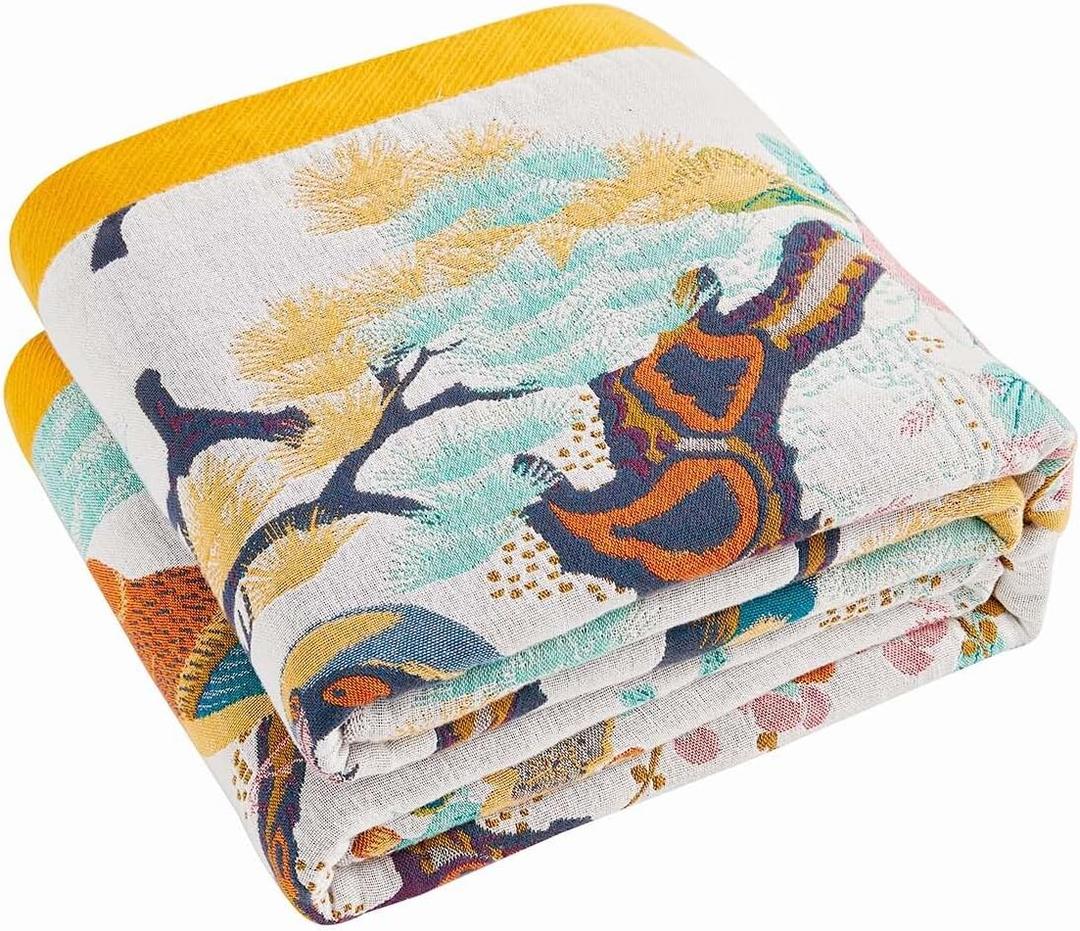 Fall Throw Blanket for Couch, Yellow Boho Decorative Throw Blanket, 100% Cotton Muslin Breathable Woven Farmhouse Blankets Quilt, 50"x60" Reversible Lightweight Blankets Bohemian Throw Quilt (Mandarin Duck)