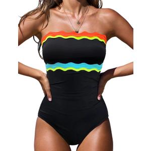 popvil One Piece Swimsuits for Women 2026 Strapless Tummy Control Neon Bandeau Bathing Suits, Black, Small