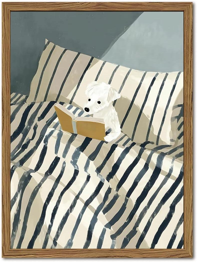 Funny Dog Reading Wall Art Whimsical Dog in White and Blue Striped Bed Wall Decor Painting Eclectic Animal Poster Canvas Print for Bedroom Living Room Bathroom 24x16 inch Wood Framed