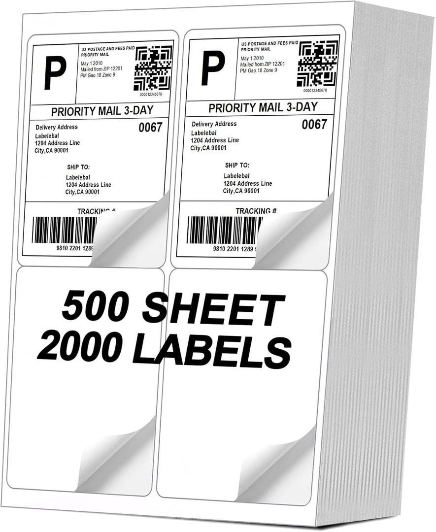[500 Sheets 2000 Labels] 4-UP 4''x5'' Shipping Labels for Laser & Inkjet Printers, Shipping Mailing Labels, 4 Pcs Per Page Shipping Labels