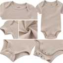 Baby Boy Girl Short Sleeve Bodysuits New Born 100% Cotton Clothes 5-Pack 0-12M (6-9 Months, Khaki+light Blue Lapel+card Stripe)