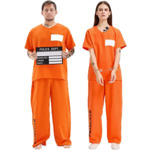 Prisoner Costume Men Women, Orange Jumpsuit with Handcuffs, Mug Shot Sign & Number Stickers, Inmate Costume for Halloween (Large)
