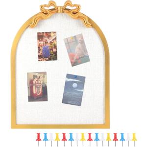 Briwooody Vintage Arched Linen Cork Board with Gold Bow Knot 21"x 16" Decorative Bulletin Board Iron Frame Large Pin Corkboard for Notes Photos Reminders Elegant Corkboard for Wall Home Office Decor, 25.2" x 19.7"