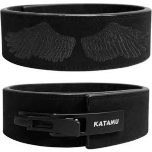 Katamu Premium Leather Lever Weightlifting Belt  Secure Steel Lever, Powerlifting Support for Deadlifts, Squats & Heavy Lifts (Large, Black Out Wings)