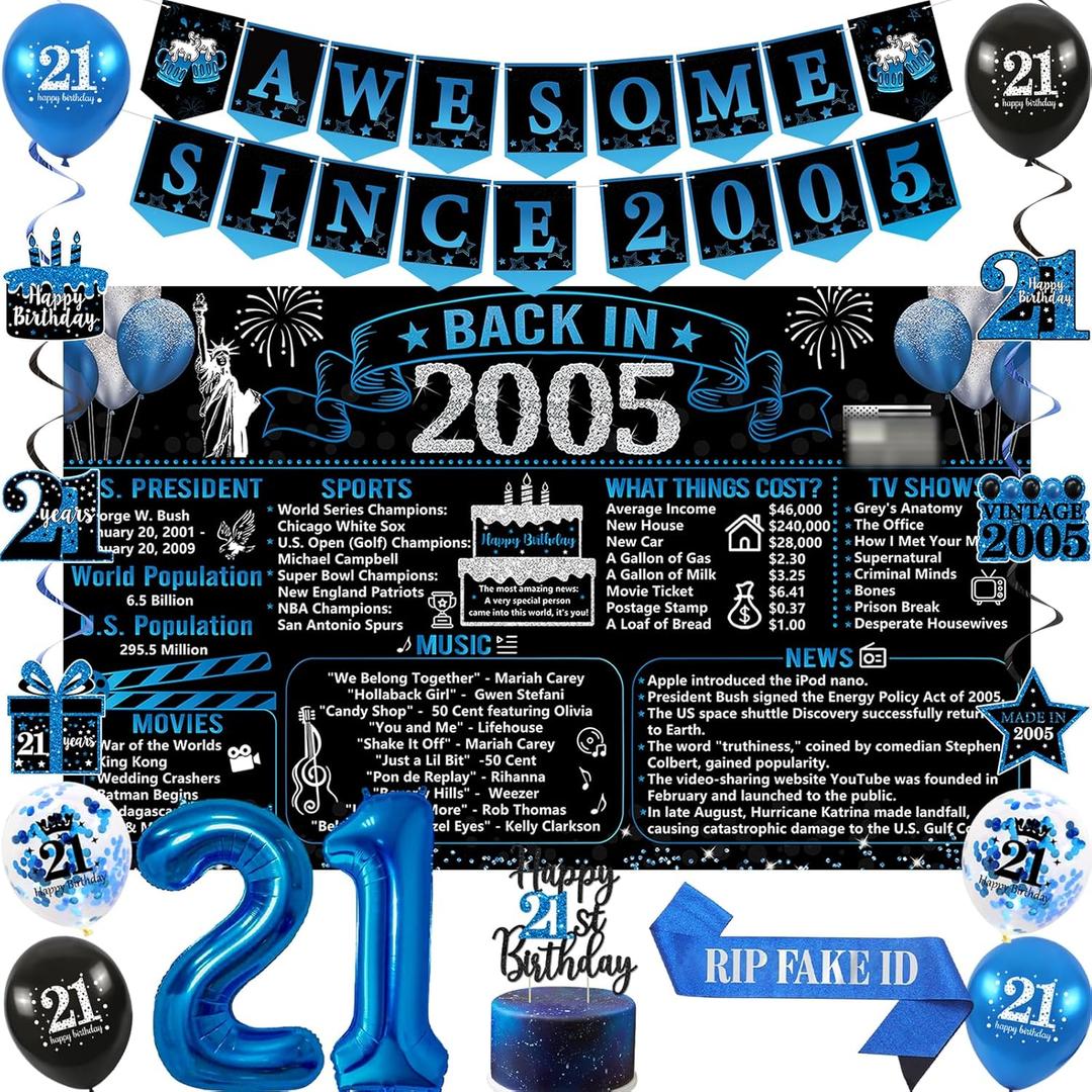 Trgowaul 21st Birthday Decorations for Him, Black Blue Back in 2005 Birthday Party Supplies, Blue Vintage 2005 Banner, Rip Fake Id Sash, 21st Cake Topper, Latex Balloons, 21 Year Old Set for Boys