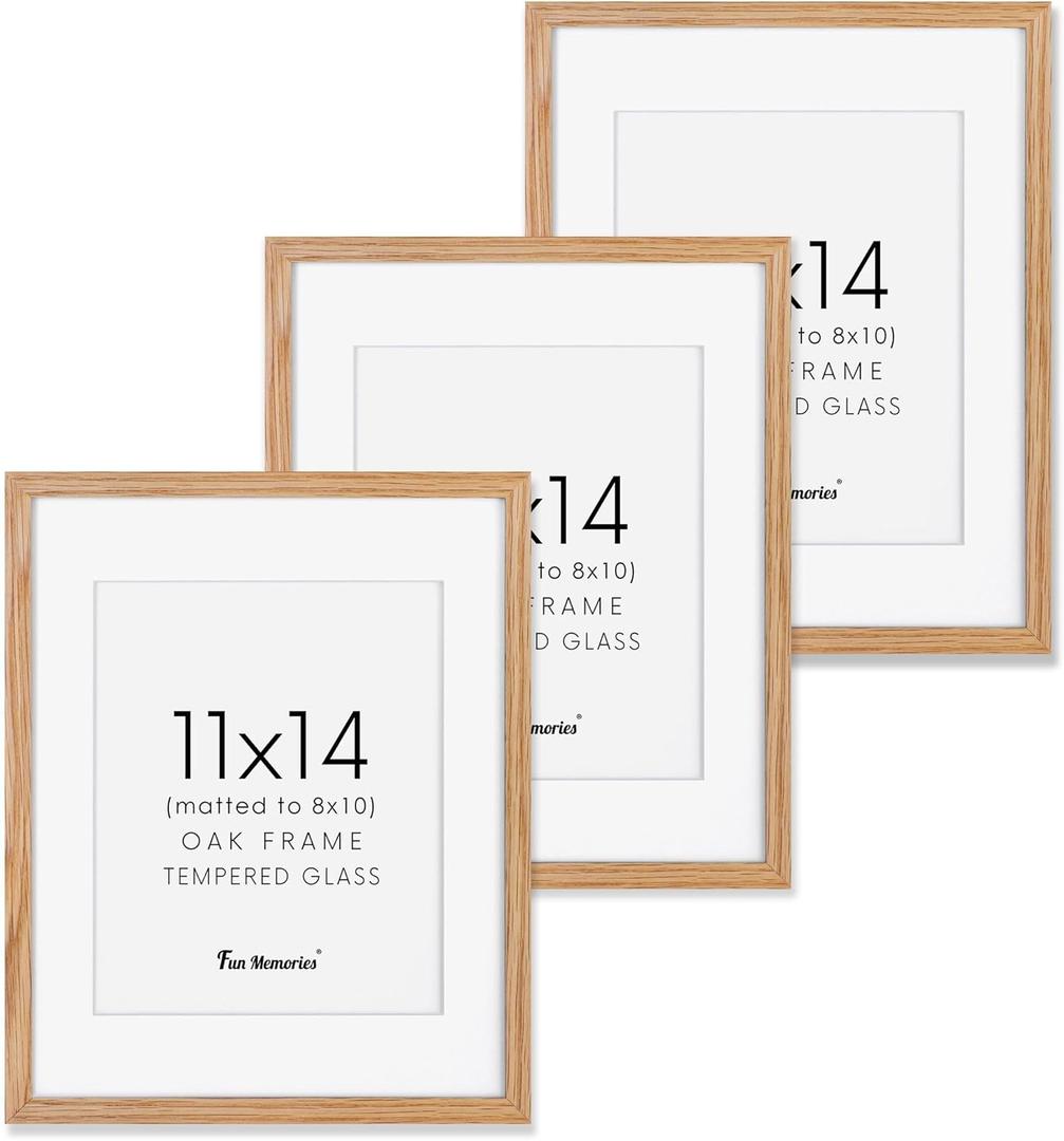 Oak Wood Frame with Mat for 8x10, Real Tempered Glass, (Natural Oak Color, 3 Pack)