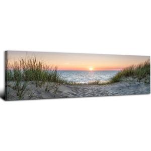 Sunset Beach Wall Art Bathroom Decor Coastal Blue Sea Picture Ocean Seascape Seaside Scene Canvas Prints Modern Seashore Grass Sand Dunes Painting Nature Artwork Bedroom Living Room Decorations 14x48"