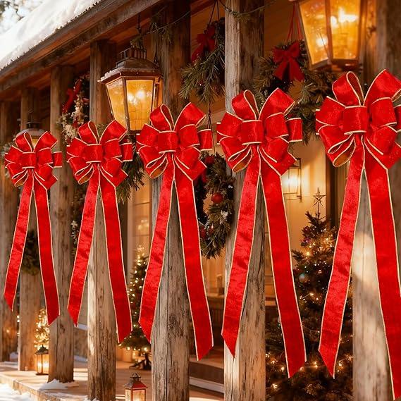 8 Pcs Extra-Large Red Velvet Christmas Bows for Front Porch Outdoor Xmas Tree Topper Bows Waterproof Golden Edged Looped Big Wreath for Indoor Window Pillar Decor (10.6''x30.7'',Chic Style