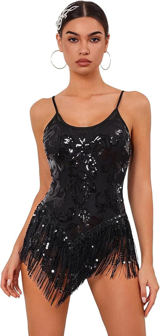 ODIZLI Women Sparkle Sequins Fringe Tassel Leotard One Piece Bodysuit Latin Dance, Small, Black