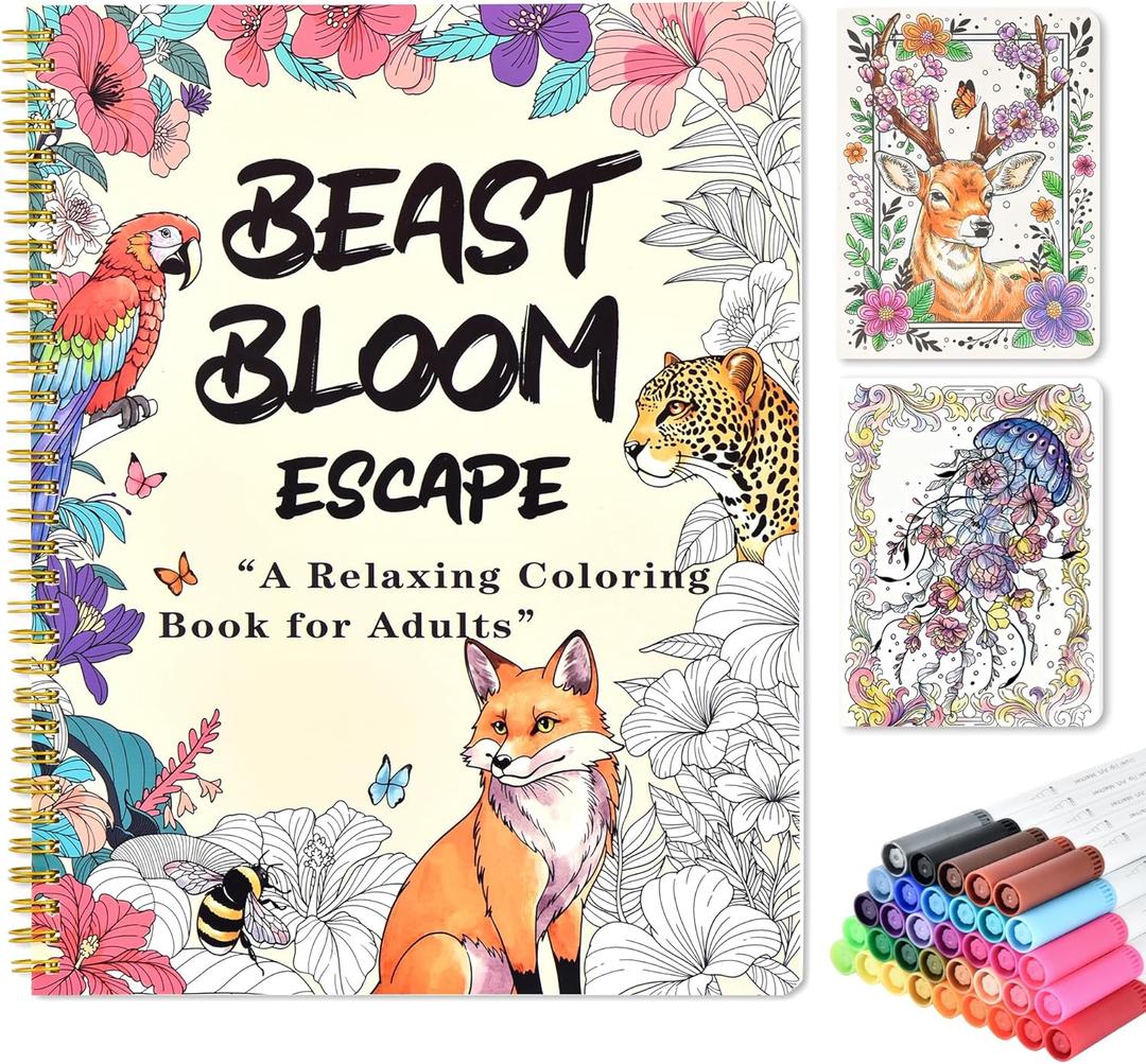 2 x Adult Coloring Book Set with 36 Markers, Spiral Bound Floral & Animal Designs, Relaxing Creative Coloring Book for Adults, Mothers Day Gifts