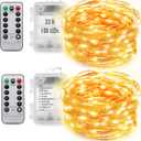 MUMUXI 2 Pack 33ft 100 LED Fairy Lights with Timer, Ourdoor Battery-Powered Twinkle and Remote Control, Christmas String Lights, Warm White Waterproof Decorative Lighting for Holidays and Events (2 Pack-33 Ft-100 LED)