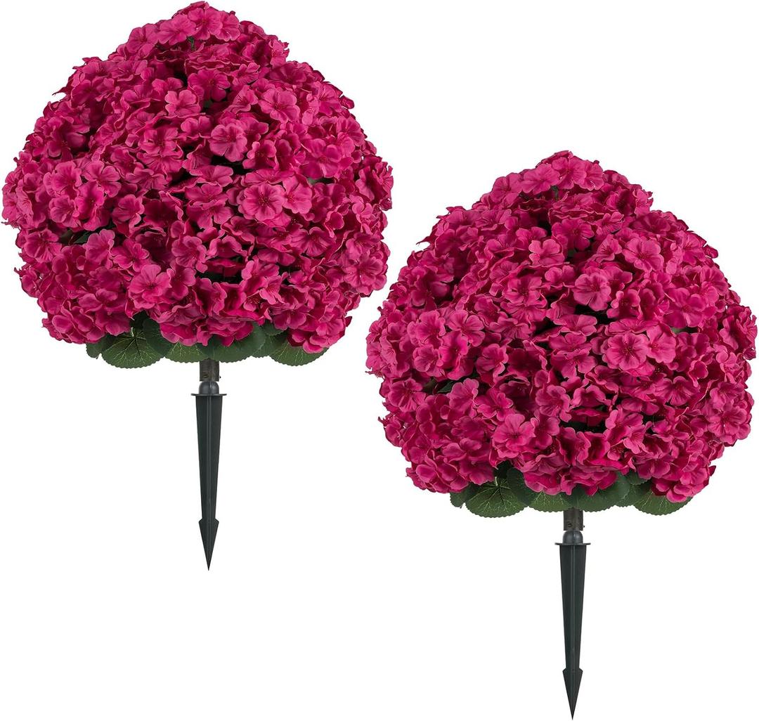 BLOSMON Faux Geraniums for Outdoor Planters, Set of 2, with Stake, Hot Pink | 29 x 19.7 Inches, Large, Topiary Trees Artificial, Fake Silk Flower Bushes for Front Porch, Outside Garden, Entryway Decor