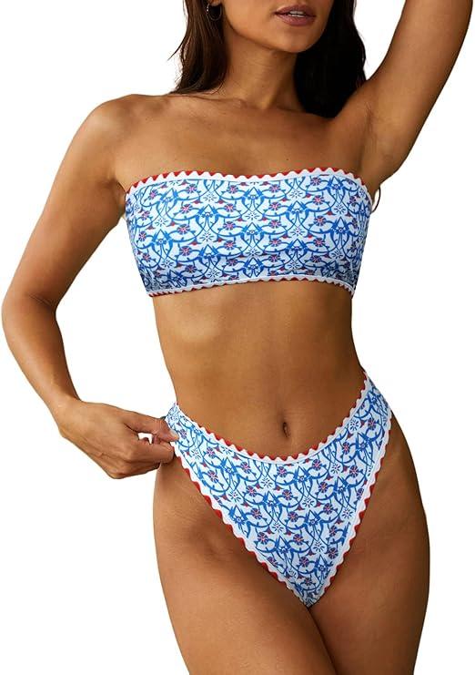 ZAFUL Women Strapless Textured Bandeau Bikini 2 Piece Swimwear Cheeky Solid Lace up Bathing Suits (Small)