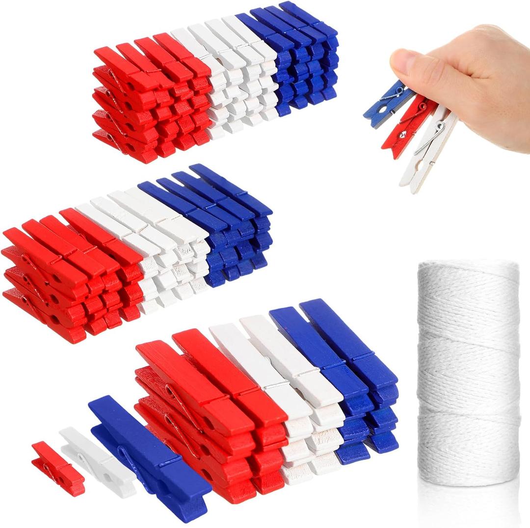 120 Pcs Christmas Colored Clothes Pins 3 Size Wooden Clothespins with 328 ft Jute Rope, Mini Christmas Photos Clips for Craft Photo Peg Hanging Picture Party Favor Home Decorations(Red, White, Blue)