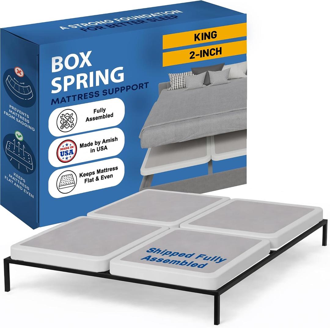 Greaton, Box Spring Bed Base King Size, 2-Inch Wood Mattress Foundation - Amish Made in USA Quiet Noise Free, 4-Pieces Under Mattress-Support BoxSpring, Fully Assembled, White