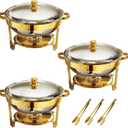 Gold Chafing Dishes for Buffet Set of 3, 5QT Round Chafing Dish Buffet Set, Chafer and Buffet Warmer Set, Stainless Steel Food Warmer for Parties Buffet, Party Food Warmer Buffet Set with Tongs