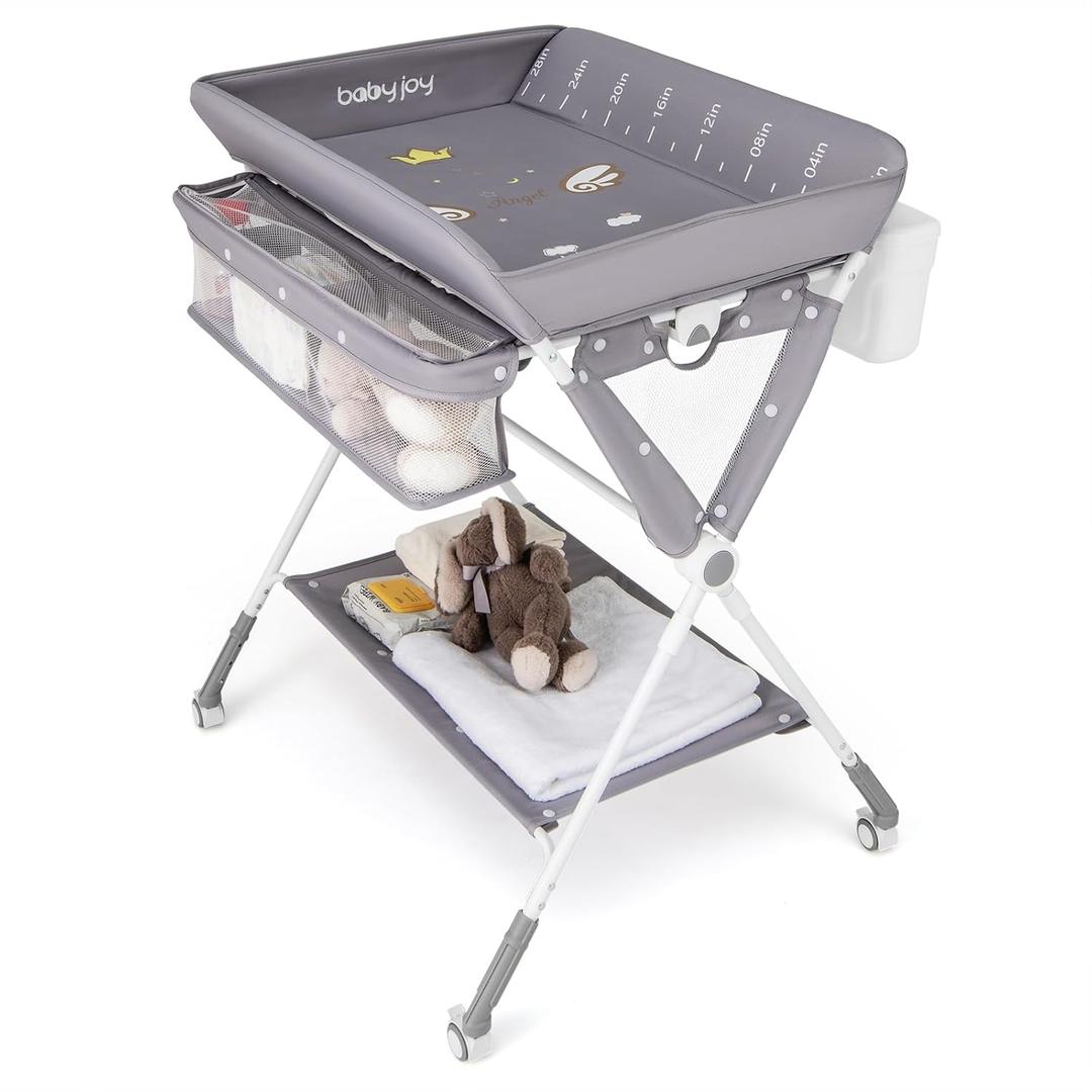 BABY JOY Portable Baby Changing Table, Foldable Diaper Changing Station with Wheels, Adjustable Height, Large Storage Rack, Trash Can, Mobile Nursery Organizer for Newborn Infant (Gray)