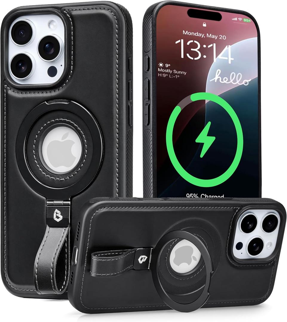 Butaiga for iPhone 15 Pro Max Leather Case with Stand, Anti-Slip Grip Ring, Fits for MagSafe (Black, iPhone 15 Pro Max)
