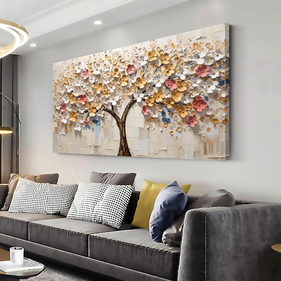 LASMOND White Spring Tree of Life Wall Art Office Decor Living Room Modern Painting Prints Pictures Abstract Floral Flower Nature Canvas Large Landscape Artwork (20x40 Inches)