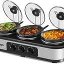 Triple Slow Cooker, 3×1.5 QT Buffet Servers and Warmers, 3 Pots Buffet Slow Cooker Adjustable Temp Lid Rests Stainless Steel Manual Silver for Parties Holidays Families