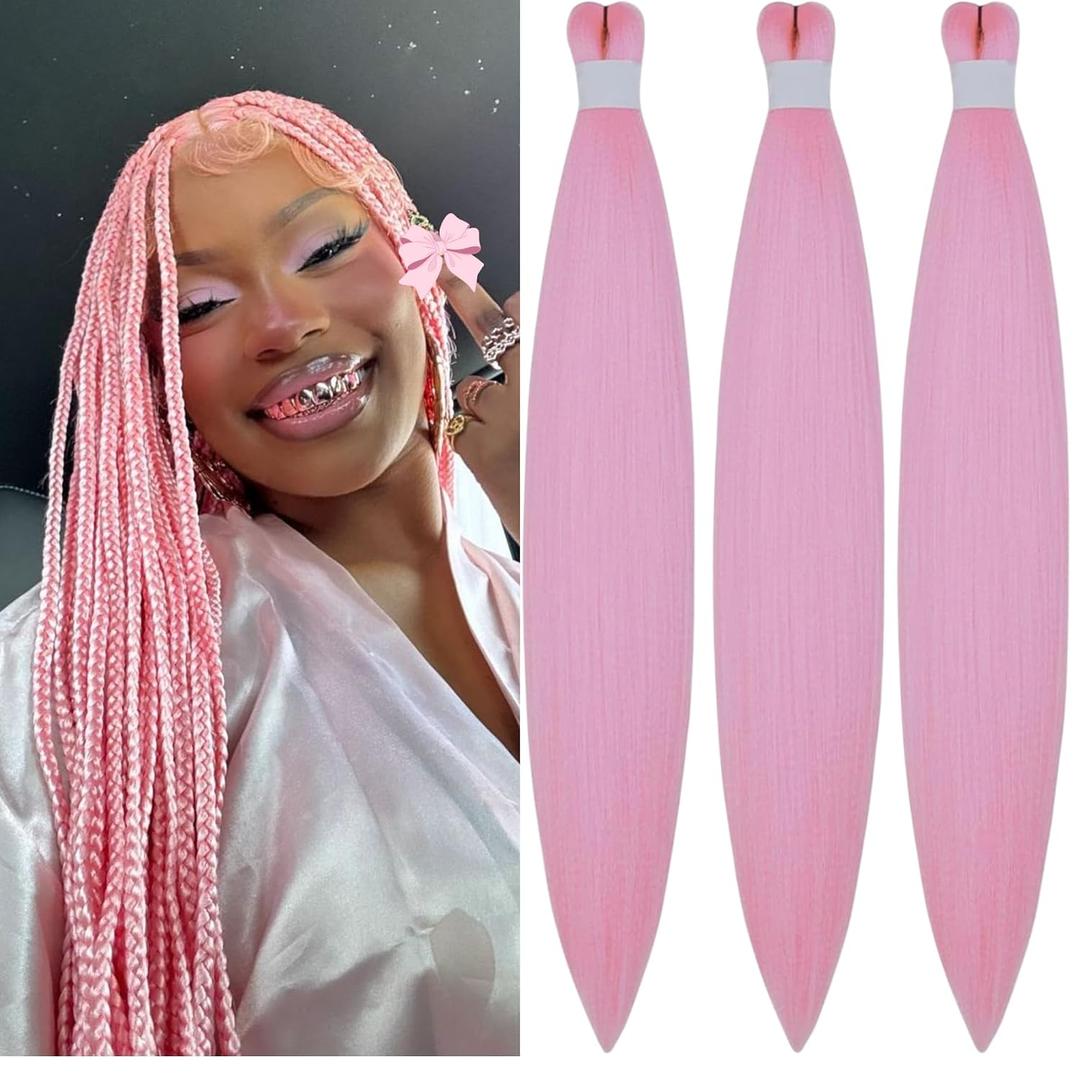 Pink Braiding Hair Pre Stretched Braid 52inch Yaki Knotless Pre layered Braiding Hair Extensions for Pink Braids Twists Synthetic Non Toxic