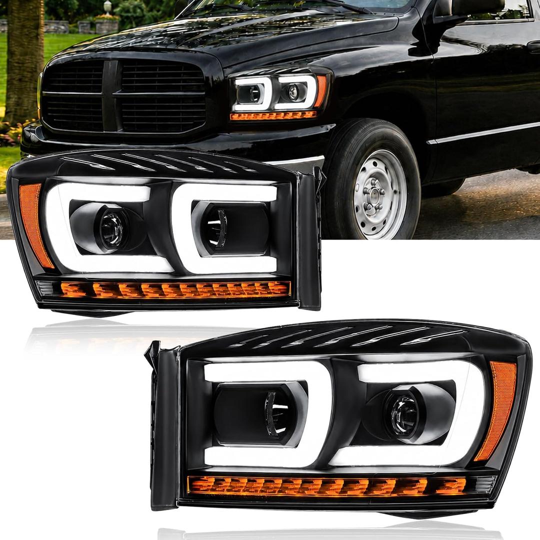 Fullux LED DRL Headlights Assembly for 2006-2008 Dodge Ram 1500 | for 2006-2008 Ram 2500 3500 Replacement Headlamp w/Running Light Bar Black Housing Amber Reflector