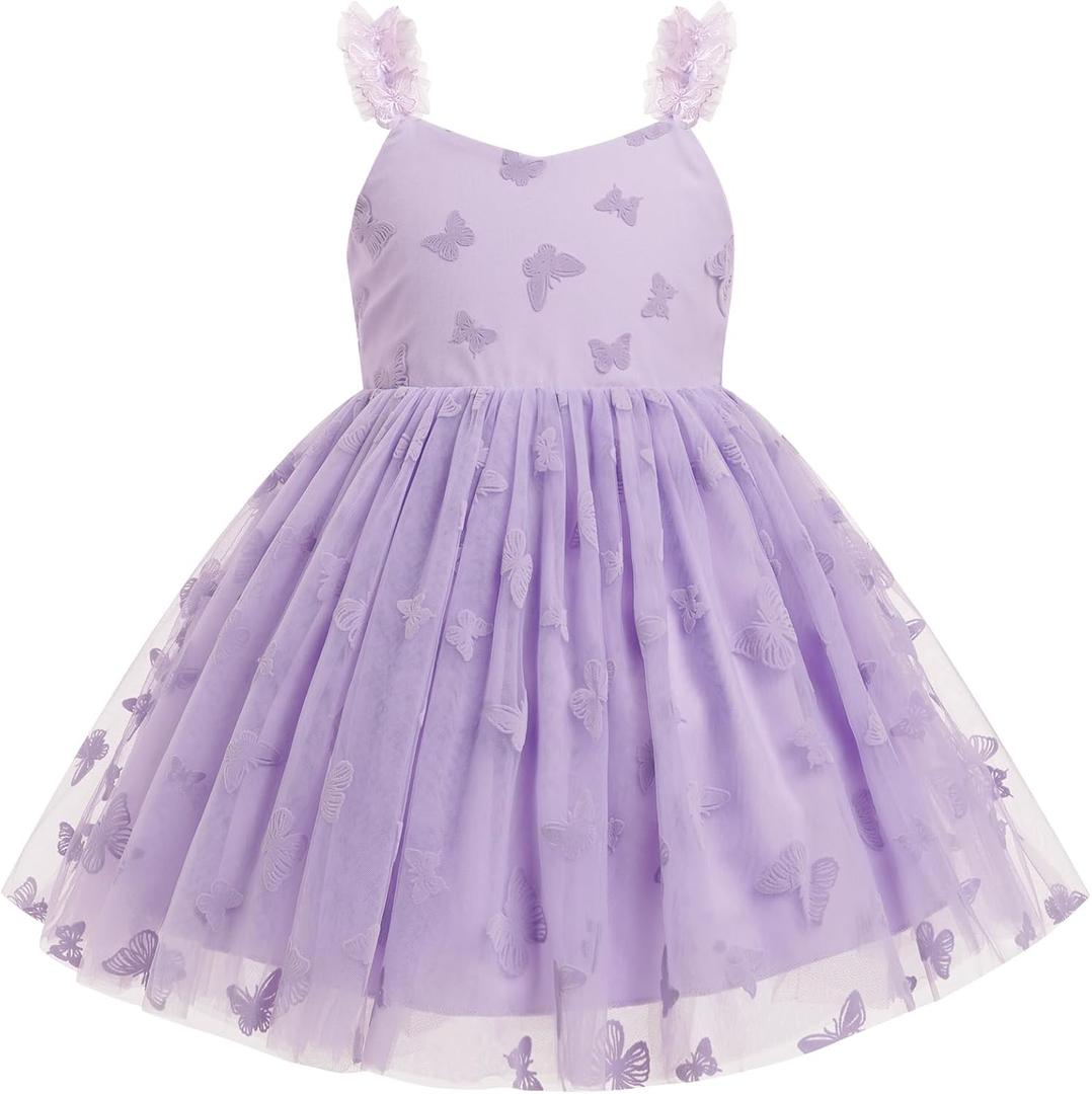 FYMNSI Toddler Baby Girl Butterfly Dress Princess Sleeveless Tulle Tutu Dress for Birthday Flower Girl Wedding Pageant Gowns (3-4T, Purple)