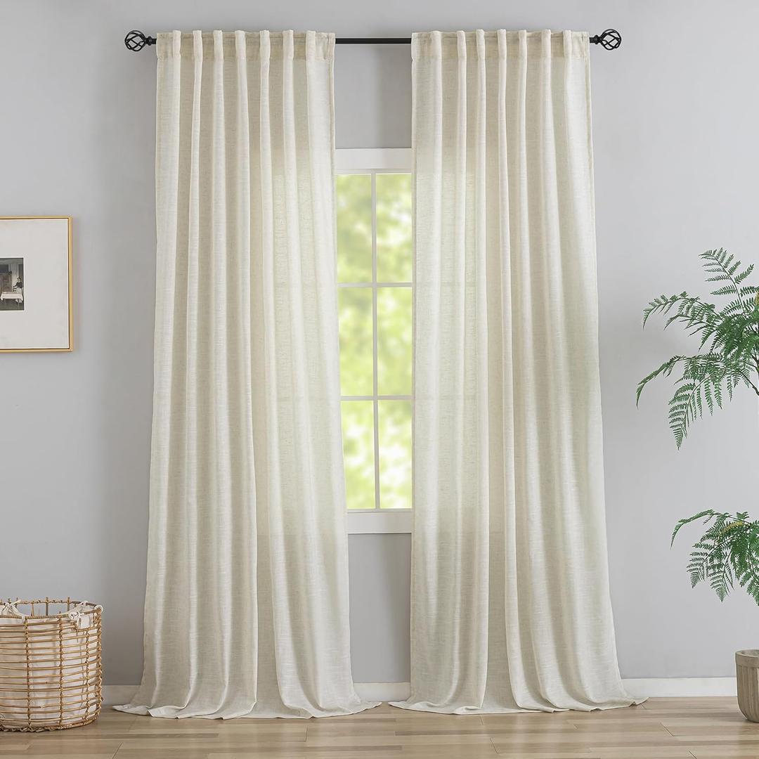 94 Inch Length Curtains Natural Linen Back Tab Hook Belt Loops Privacy Semi Sheer Living Room Curtains,2 Panels Ivory White Modern Cottage Vintage Style Light Filtering Window Treatment Curtains
