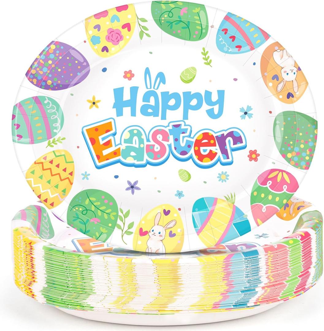 50 Count Easter Plates Heavy Duty, Large Disposable Oval Paper Plates, 10" X 12.5" Happy Easter Platters Dinner Party Plate Pastel Eggs Dinnerware Tableware Spring Holiday Party Supplies