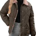 Dokotoo Women's Winter Casual Quilted Jackets Long Sleeve Button Down Puffer Jacket Padded Outerwear Coats XL Coffee