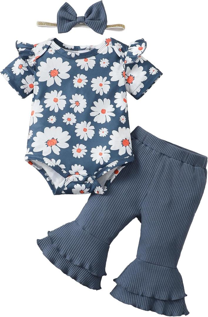 SUNNY PIGGY Baby Girl Clothes Newborn Outfits Ruffle Floral Romper Flared Pants 3Pcs for Infant 0 3 6 9 12 18 24 Months (Blue)