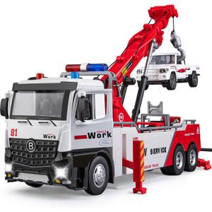 Tow Truck Toy for Boys, Metal Tow Truck with Crane Toy Model, Construction Vehicles with Lights and Sounds, Gift for Kids