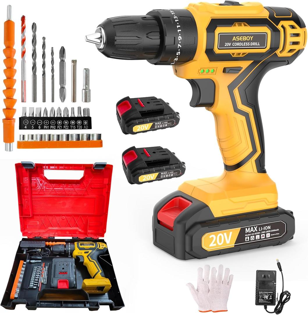 Cordless Drill with Battery and Charger, 20V Electric Power Drill with 3/8" Keyless Chuck, 25+3 Torque Settings & Impact Mode for Drilling, Screwdriving, and Home Improvement(2 Batteries) (Yellow)