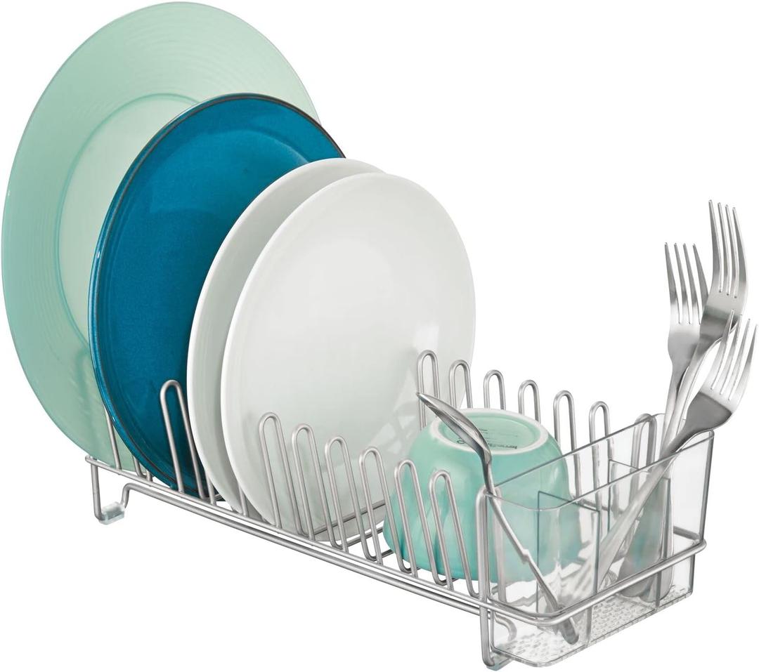 mDesign Kitchen Sink Dish Drainer  Small Metal and Plastic Dish Rack for Kitchen Sink  Ideal for Plates and Cutlery Basket  Chrome/Clear