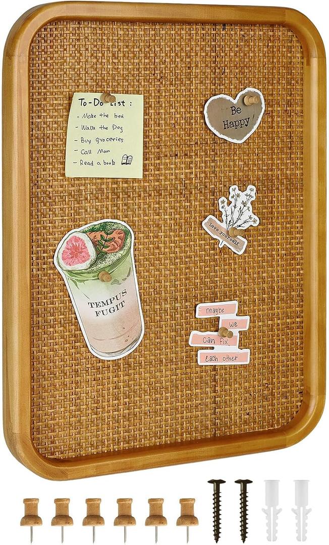 13" x 17" Bulletin Board, Round-Edged Rectangle Cork BoardWooden Frame with Boho Style Rattan Wall Organizer,3343Teng