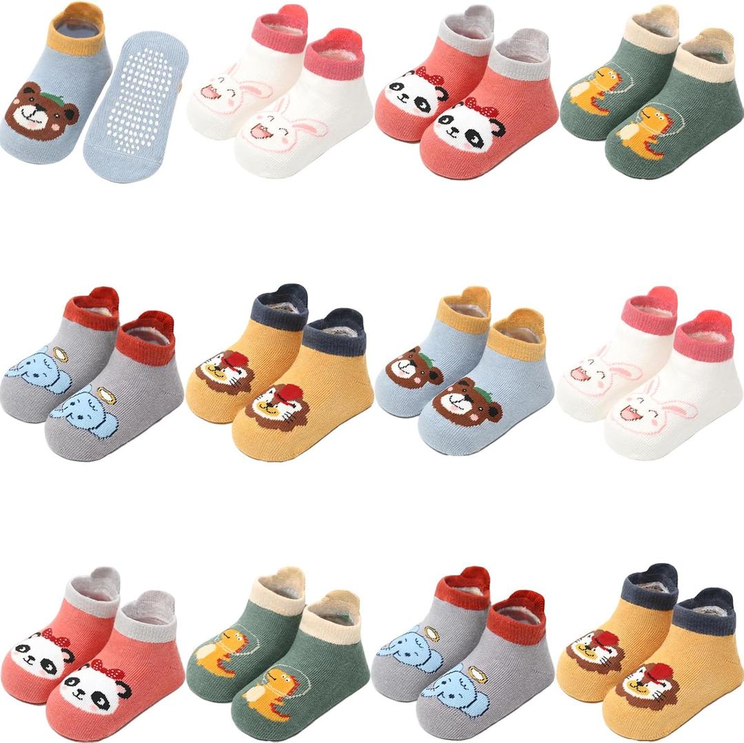 Toddler Socks Non Slip Grip Cute Cotton Baby Socks 12 Pack for Toddler Boys Girls Kids (Animal1)