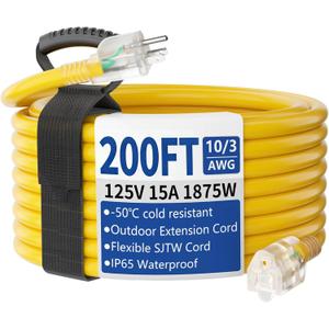 200ft Outdoor/Indoor Extension Cord with Lighted 10/3 Gauge Ultra 3 Prong Heavy Duty SJTW, Waterproof, Flexible Cold-Resistant,15A 125V 1875W, Yellow