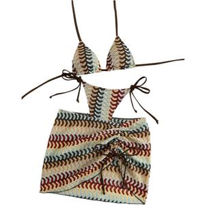 Verdusa Women's 3 Piece Halter Bikini Set Boho Geo High Cut Swimsuits with Beach Cover Up Skirt (M)