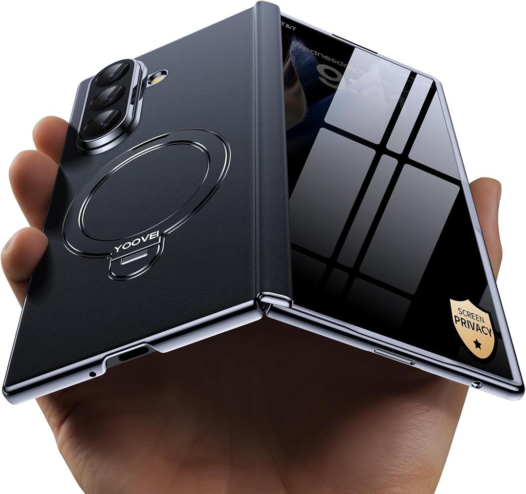 YOOVEI Magnetic for Samsung Galaxy Z Fold 7 Case Luxury Leather [Hinge Protection] Built-in [ Privacy Screen Protector] [Fit for MagSafe] Zfold 7 Case with Kickstand & Ring Holder Black