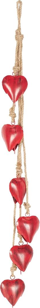Deco 79 Metal Heart Indoor Outdoor Decorative Cow Bells Tibetan Inspired Meditation Bell with 6 Bells on Jute Hanging Rope, Cow Bell, Red