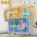 Heavy Duty Clothes Rack Load 960LBS, Three Rods Rolling Clothing Racks for Hanging Clothes, Rolling Garment Rack With Sturdy Wheels Shelves Hooks, Portable & Adjustable Commercial Garment Rack, White