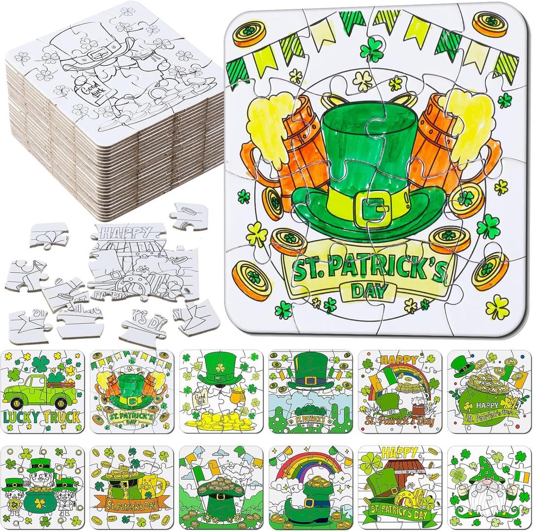 Realspring 24 Pack St Patricks Day Crafts for Kid Irish Coloring Jigsaw Puzzles St. Patrick's Day Activities Classroom Gifts Color Your Own Shamrock Irish Elf Hat Craft Puzzle for Party Favors