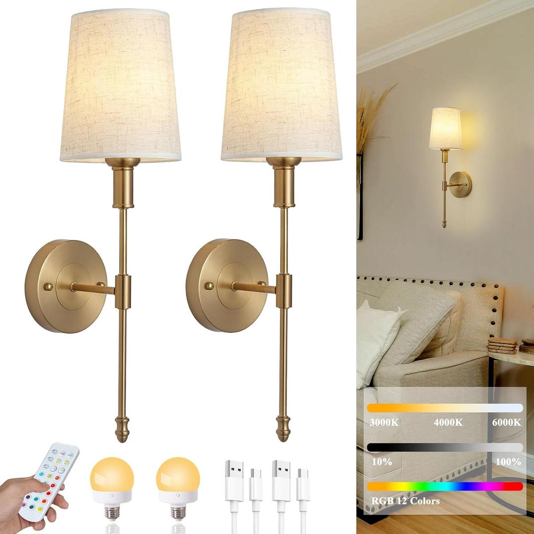 Battery Operated Wall Sconce Set of Two,Gold Wireless Modern with Remote Control Rechargeable Dimmable Lighting Indoor, LED Wall Lamp Fixtures for Bedroom, Living Room, 2-Pack