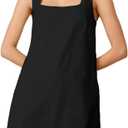 Women Square Neck Cotton Linen Mini Dress Summer Casual Sleeveless Backless Beach Tank Shift Dress with Pockets
 Small, Black 
