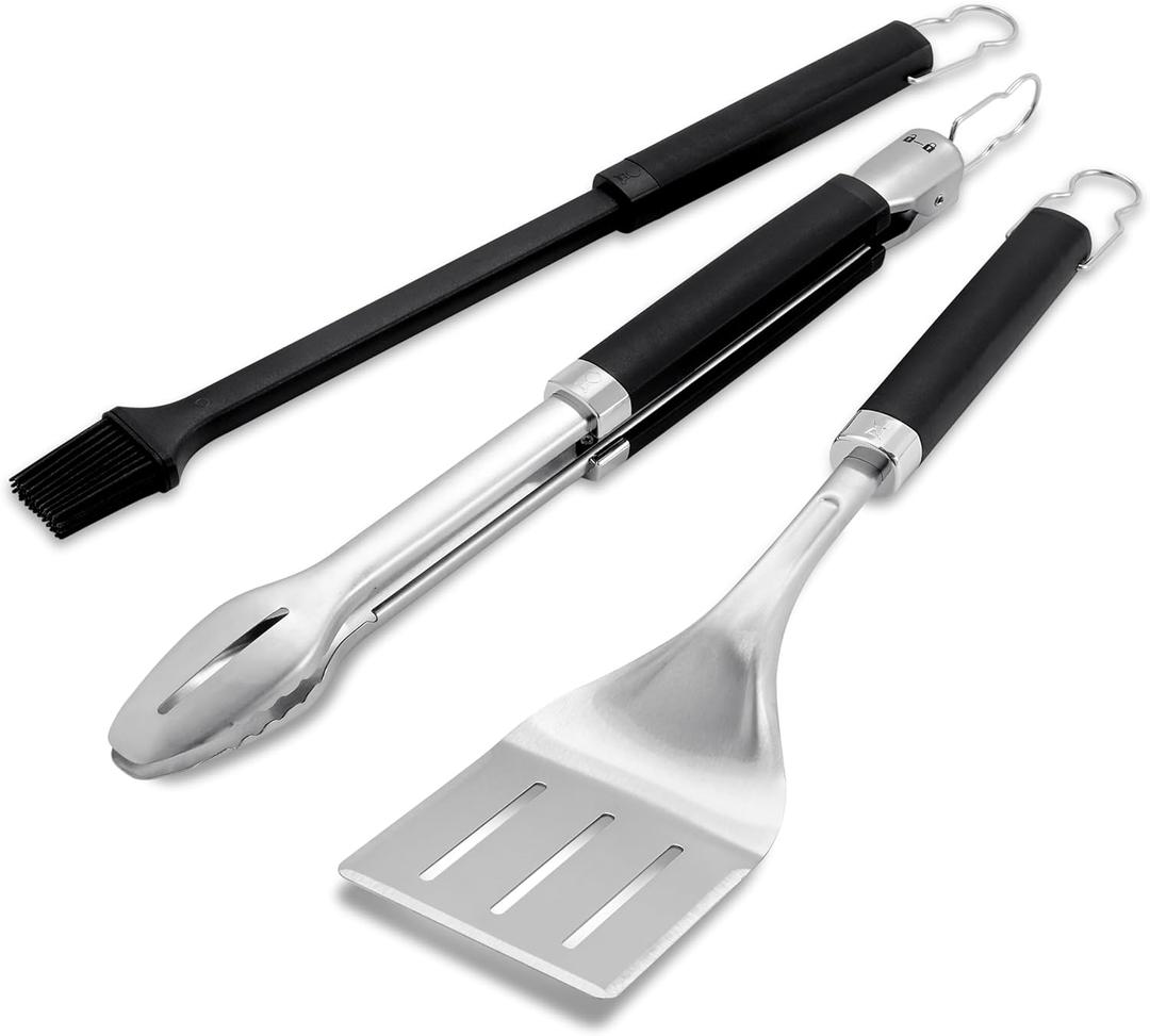 Weber Precision 3Piece Grilling Tool Set Stainless Steel Tongs, Spatula & Silicone Basting Brush with NonSlip Handles and Hands Free Locking